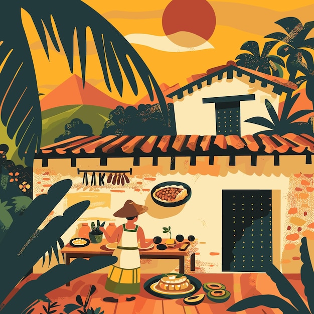 Vecteur une femme latino-américaine cuisine devant une maison avec un grand soleil en arrière-plan