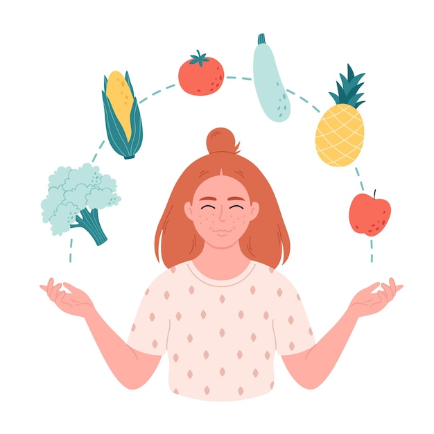 Vecteur femme avec des légumes et des fruits alimentation saine bonne nutrition concept végétarien et végétalien