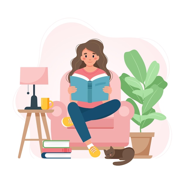 Vecteur femme lisant un livre sur une chaise, se relaxant à la maison. illustration vectorielle mignon dans un style plat