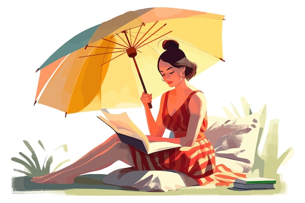 Femme lisant un livre papier dans la nature isolée sur fond Illustration vectorielle de dessin animé