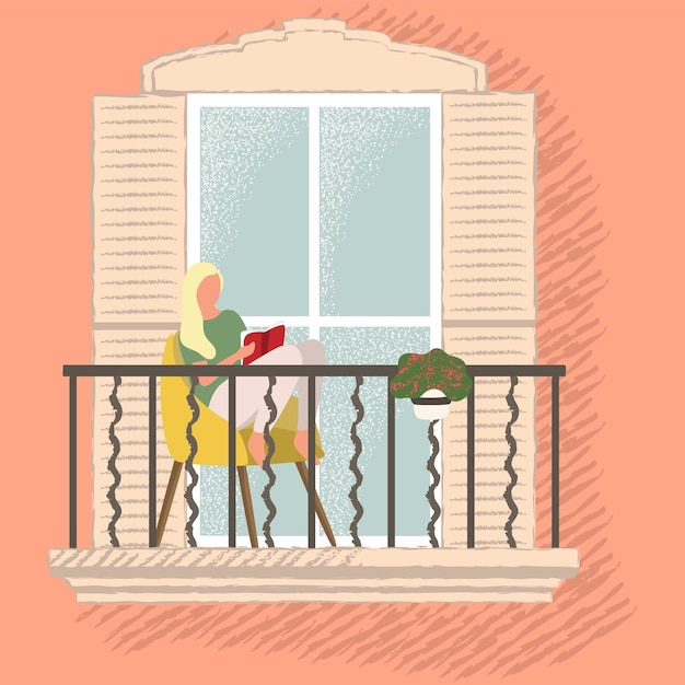 Vecteur femme lisant un livre sur le vecteur du balcon de la maison