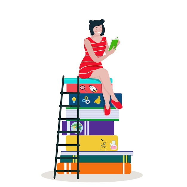 Une Femme Lit, Assise Sur Une Pile De Gros Livres. Amateurs De Livres. Vecteur