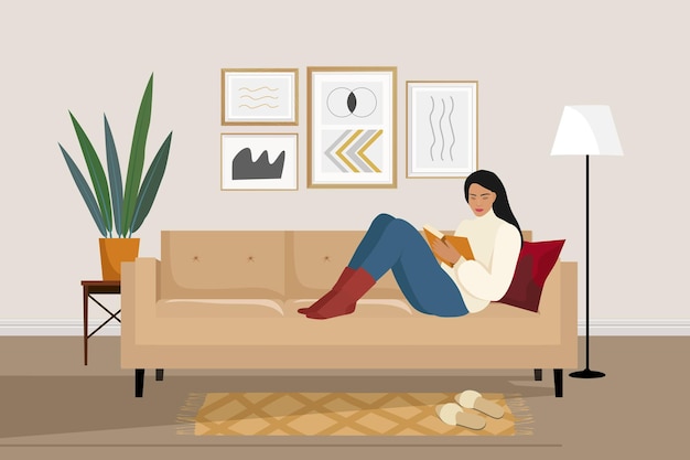 Une femme lit un livre sur le canapé Temps libre avec un livre d'illustration vectorielle.
