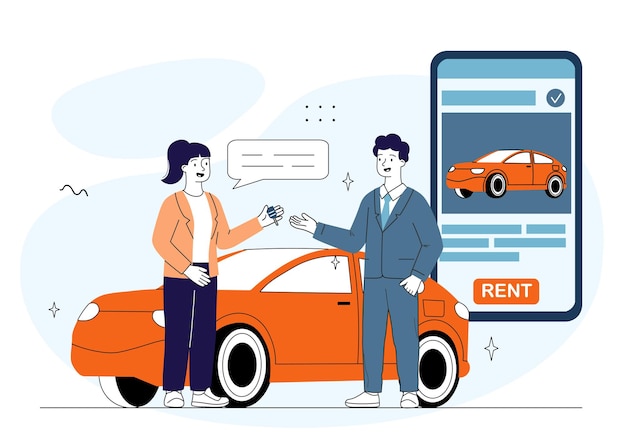 Femme louant une voiture Homme donne les clés de l'automobile à une jeune fille Partage de voitures et location de transport Location de voitures et covoiturage Concessionnaire avec client Illustration vectorielle linéaire