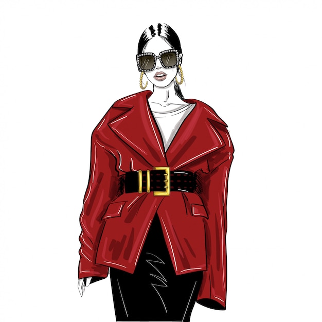 Vecteur femme à lunettes et manteau rouge oversize