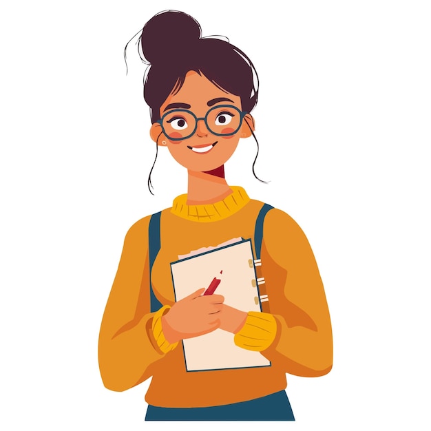 une femme avec des lunettes et un pull jaune tient un cahier