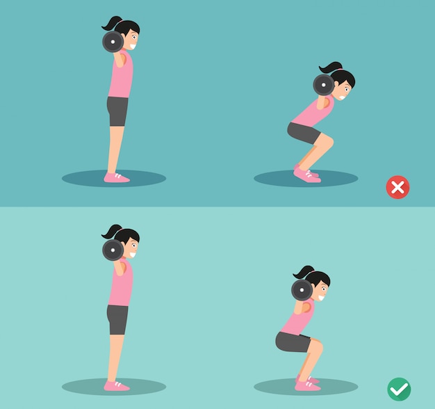 Vecteur femme mal et bonne posture squat