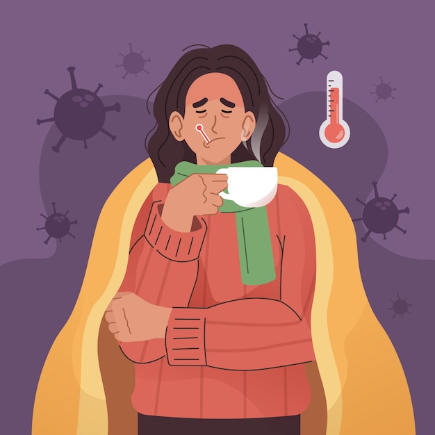 Femme malade avec couverture buvant de l'eau chaude