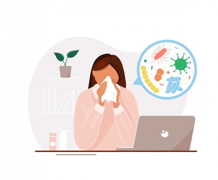 Vecteur femme malade avec grippe au bureau