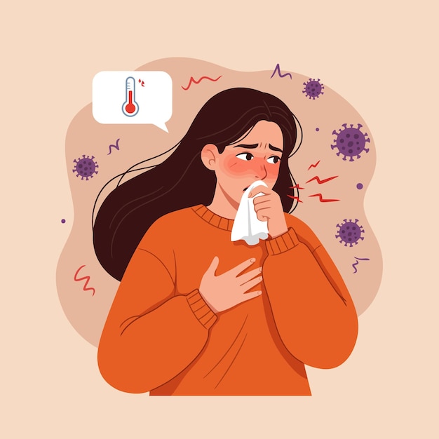 Une femme malade qui tousse avec des symptômes de fièvre et une illustration de virus
