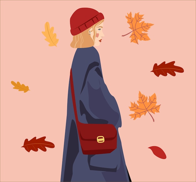 Vecteur la femme en manteau et chapeau marche à l'automne. la fille est sur fond de chute