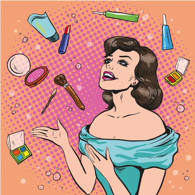 Vecteur femme et maquillage dispersé dans un style pop art