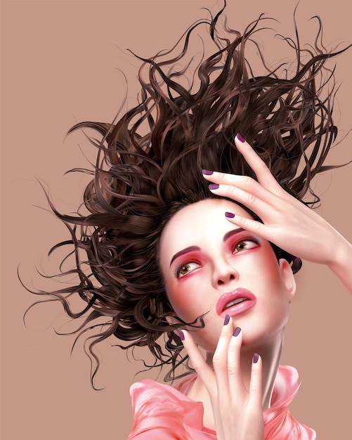 Vecteur femme de maquillage rose aux cheveux flottants