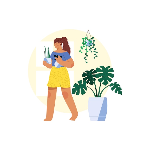 Vecteur une femme marchant et arrosant les plantes à l'aide d'un spray d'arrosage