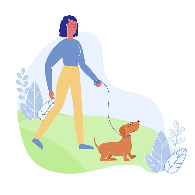 Femme Marchant Avec Chien Plat Illustration