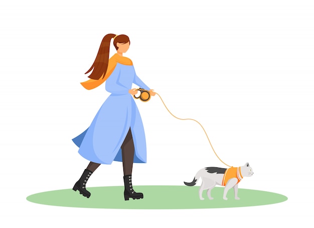 Femme, marche, chat, plat, couleur, sans visage, caractère