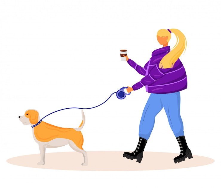 Vecteur femme, marche, chien, plat, caractère