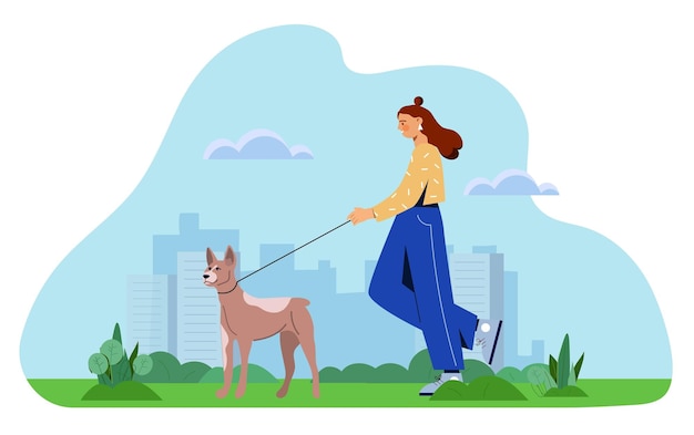 Femme marche avec chien