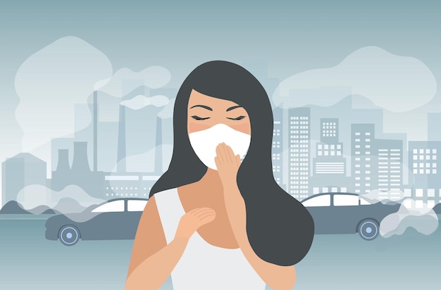 Vecteur femme avec un masque facial pour protéger la pollution de l'air pm 25 pollution industrielle nuages de fumée toxiques sur les routes