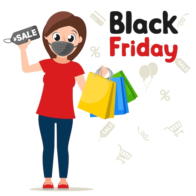 Femme en masque médical avec achats Black Friday