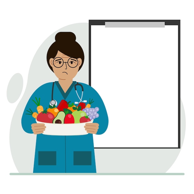 Vecteur femme médecin avec une assiette de légumes et de fruits presse-papiers vide pour votre texte le concept de régime alimentaire bonne nutrition santé