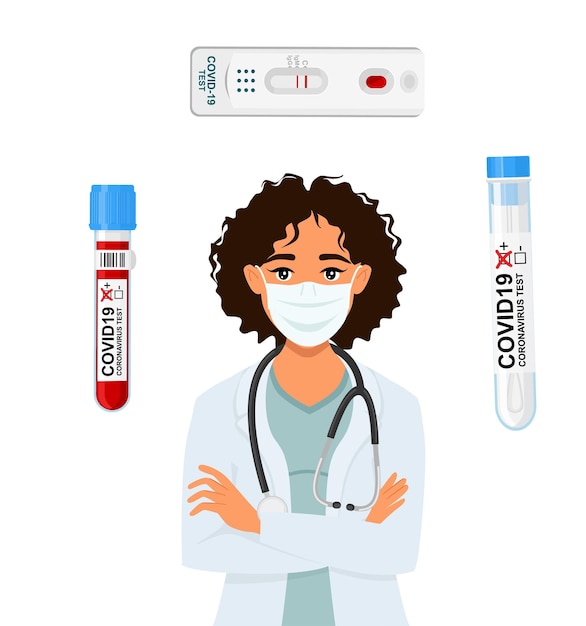 Femme Médecin Dans Un Masque Médical. Choisir Un Test De Coronavirus. Illustration Vectorielle En Style Cartoon