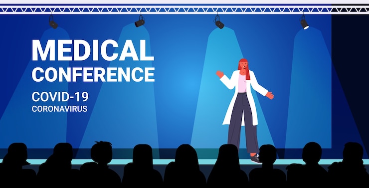 Vecteur femme médecin donnant un discours sur la conférence médicale coronavirus pandémie médecine concept de soins de santé salle de conférence intérieur illustration vectorielle horizontale