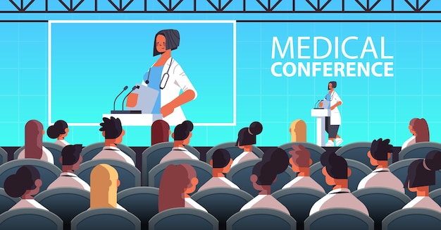 Femme Médecin Donnant Discours à La Tribune Avec Microphone Conférence Médicale Médecine Soins De Santé Concept Salle De Conférence Intérieur Illustration Vectorielle Horizontale