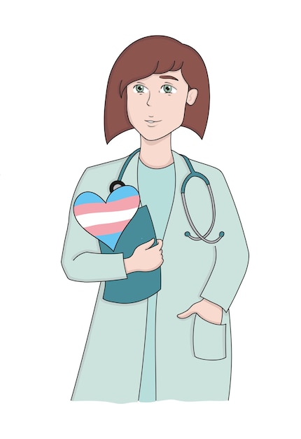 Femme médecin avec drapeau transgenre dans un coeur Genre orientation sexuelle soyez vous-même aimez la communauté LGBT LGBTQIA plus l'égalité des droits sans discrimination Illustration vectorielle sur fond blanc