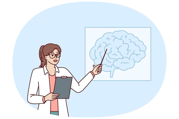 Vecteur une femme médecin enseigne la neurologie en montrant un dessin de cerveau pendant un cours d'éducation médicale.