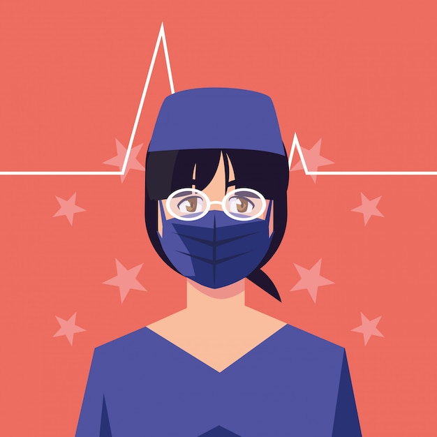 Femme Médecin Avec Masque Devant Le Pouls Et Les étoiles Vector Design