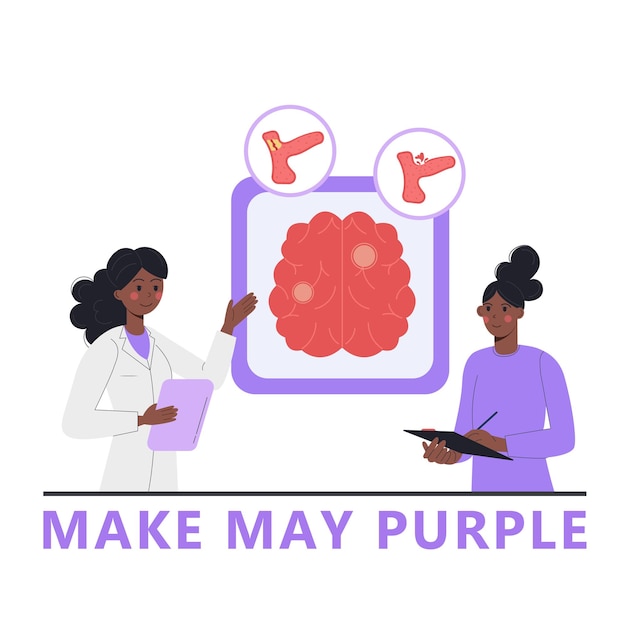 Femme Médecin Et Patiente Afro-américaine Explorant Un Accident Vasculaire Cérébral Dans Un Style Plat Make May Purple