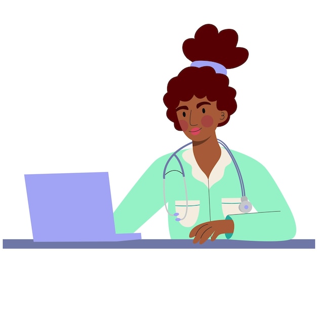 Vecteur une femme médecin à la peau foncée et en uniforme est assise à son bureau et donne des consultations de santé en ligne