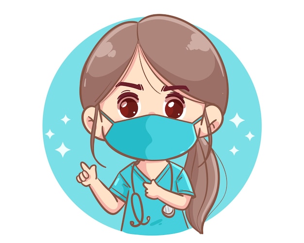 Femme médecin pointant du doigt santé et illustration d'art de dessin animé médical dessinés à la main