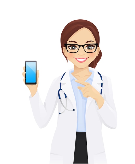 Femme médecin tenant le téléphone avec illustration vectorielle écran blanc isolé