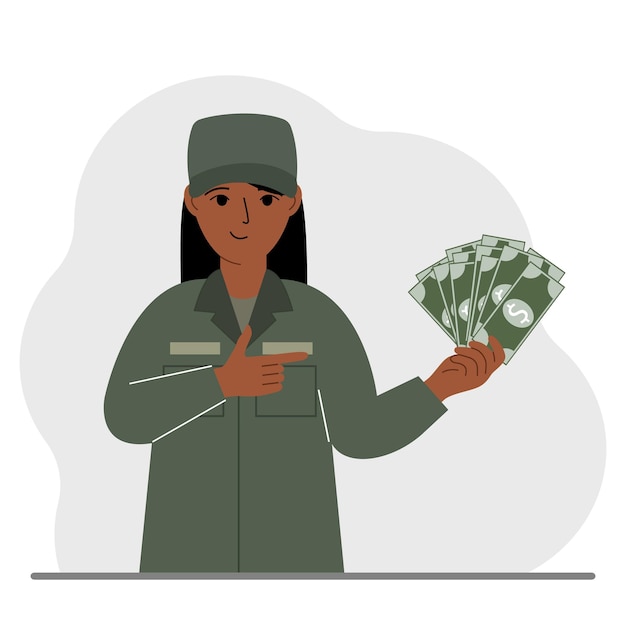 Vecteur une femme militaire détient beaucoup d'argent dans sa main le concept de paiement pour le service militaire ou le service dans l'armée dans le cadre d'un contrat
