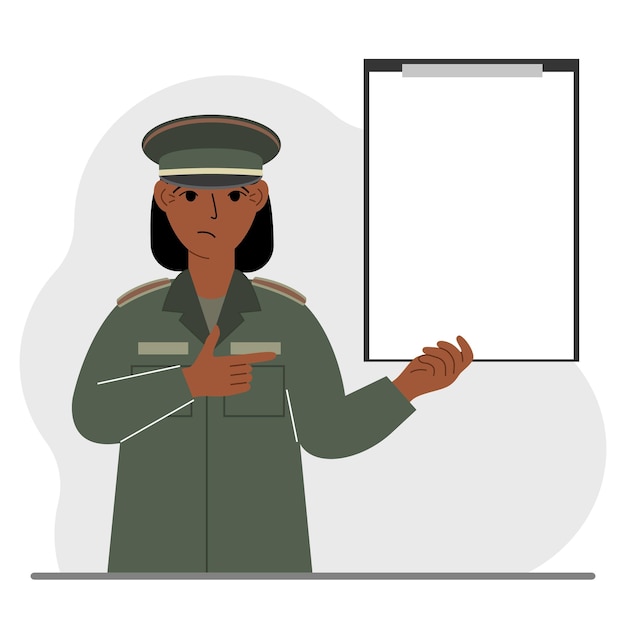 Vecteur femme militaire en uniforme avec des presse-papiers et une feuille de papier blanche pour le texte