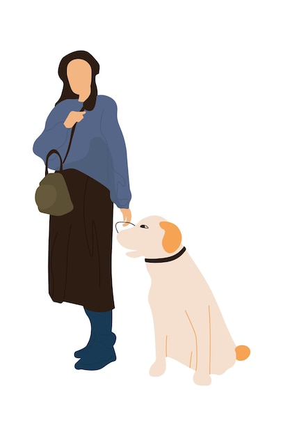 Femme à La Mode Avec Chien Femme Marchant Avec Des Loisirs D'animaux Dans La Ville Symbole De Modèle Isolé Pour Les Parcs Et Les Espaces Publics Sur Fond Blanc Temps De Loisirs Vectoriel Avec Illustration Plate D'animaux De Compagnie