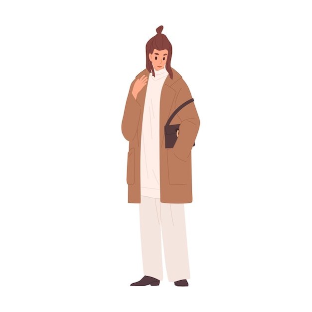 Femme à la mode en manteau et chandail chaud vector illustration plate. Femme debout avec sac à main chic isolé sur blanc. Une personne élégante démontre un style de rue d'hiver, de printemps ou d'automne.