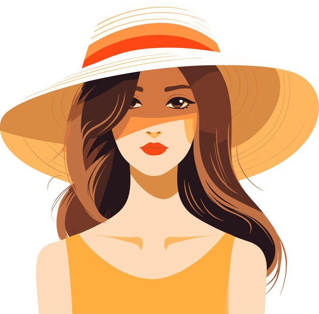 Femme à La Mode Modèle Belle Femme à La Mode Avec Un Chapeau De Paille Dessin Plat Illustration Vectorielle