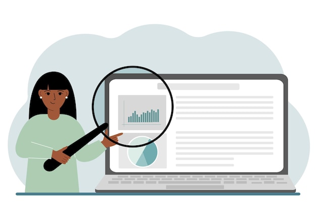 Vecteur une femme montre un rapport une présentation sur un ordinateur portable avec une illustration vectorielle de loupe concept de planification d'audit d'analyse d'entreprise financière
