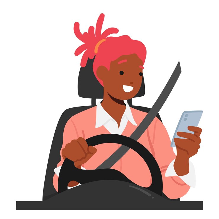 Vecteur une femme multitâche dangereuse risque sa sécurité et celle des autres en parlant sur son téléphone portable en conduisant illustration