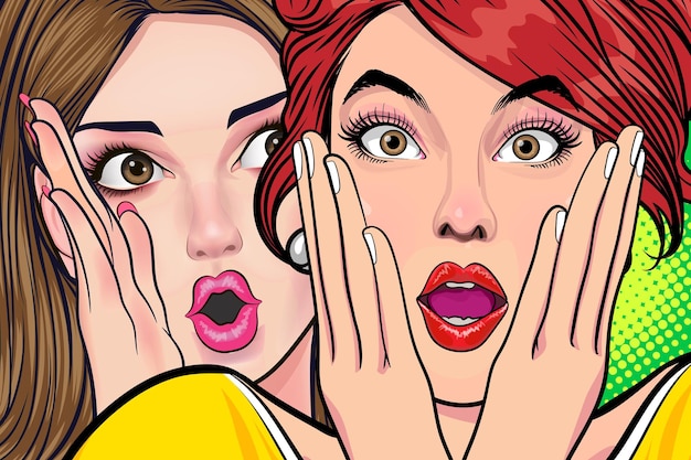 Une femme murmurant des commérages ou des secrets à son amie surprise dans Retro Vintage Pop Art Comic