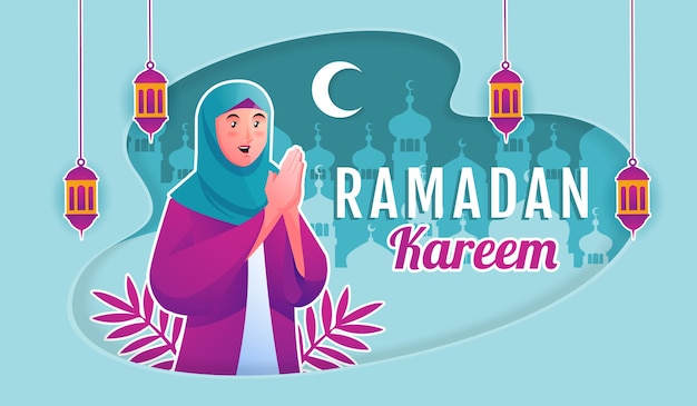 Vecteur femme musulmane accueillant le ramadan kareem