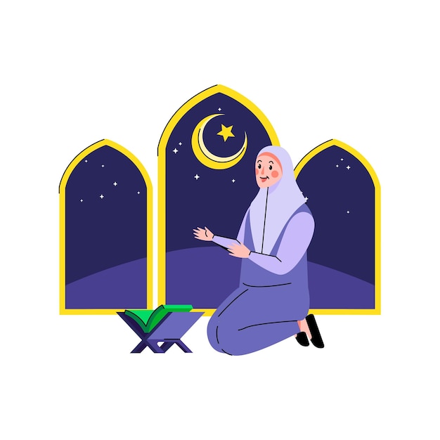 Femme Musulmane Assise Seule Et Priant La Nuit