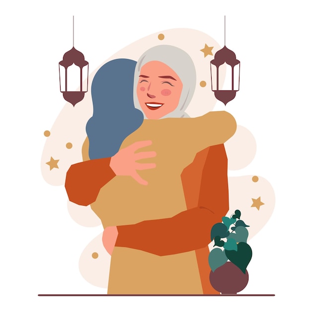 Vecteur une femme musulmane embrasse sa sœur ramadan eid mubarak illustration