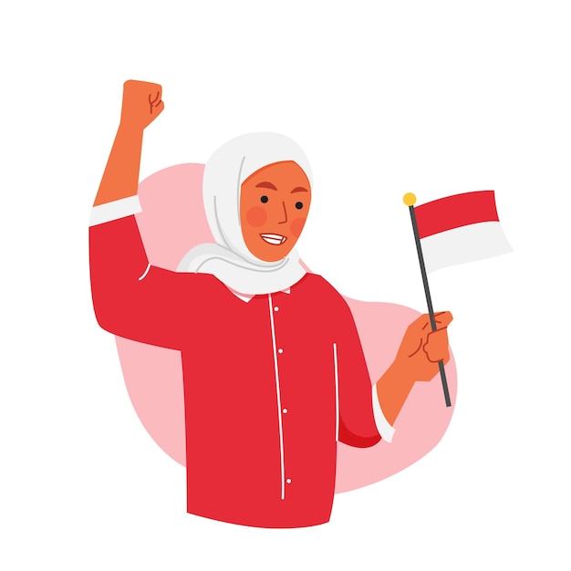 Femme musulmane excitée célébrant le jour de l'indépendance indonésienne tenant le drapeau avec le poing en l'air