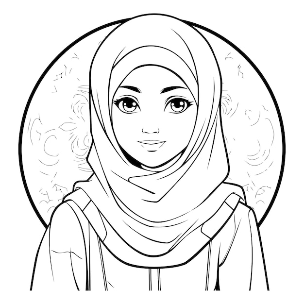 Vecteur femme musulmane en hijab illustration vectorielle en noir et blanc pour livre à colorier