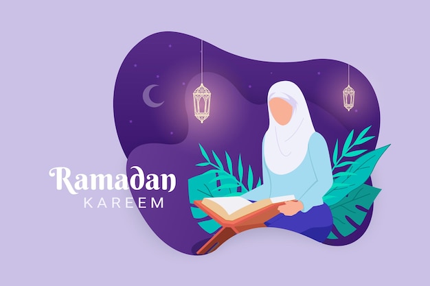 Vecteur femme musulmane lisant le coran