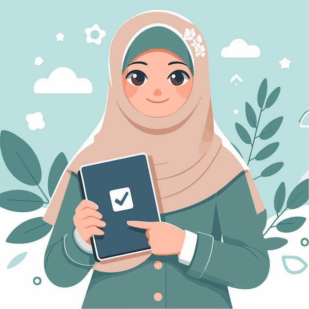 Vecteur une femme musulmane portant une tablette pour étudier